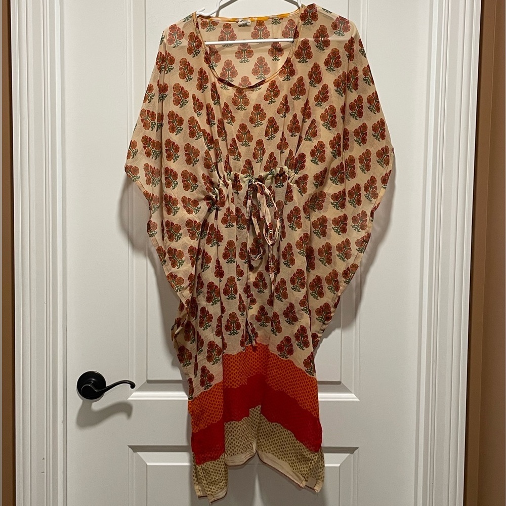 Chic Kaftan O/S 7 Islands Orange Red Cream Swim Beach Cover Up Dress Cinch Waist - Picture 2 of 9